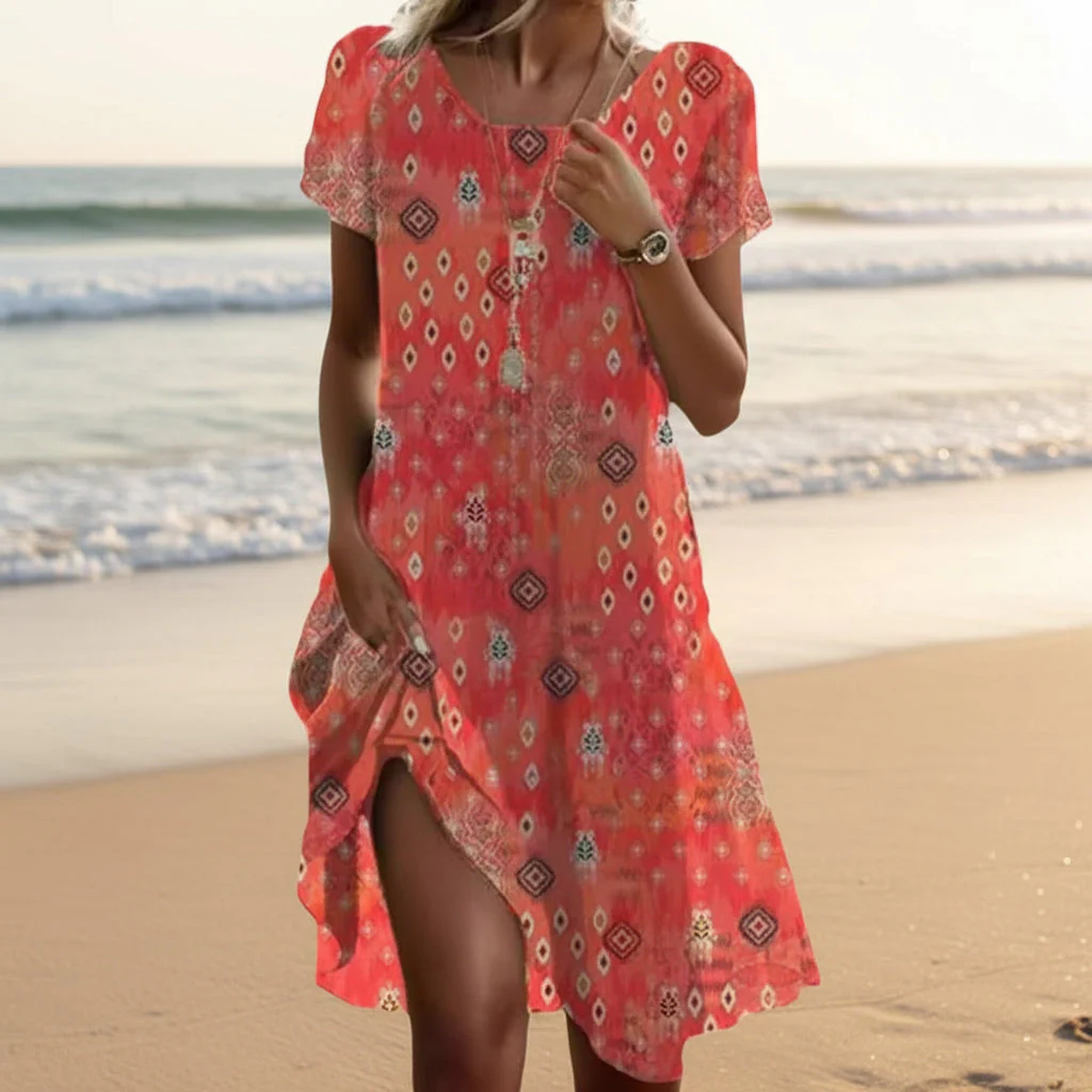 Ethnic Print Midi Dress – Scoop Neck Geometric Pattern Boho Dress - Image 10