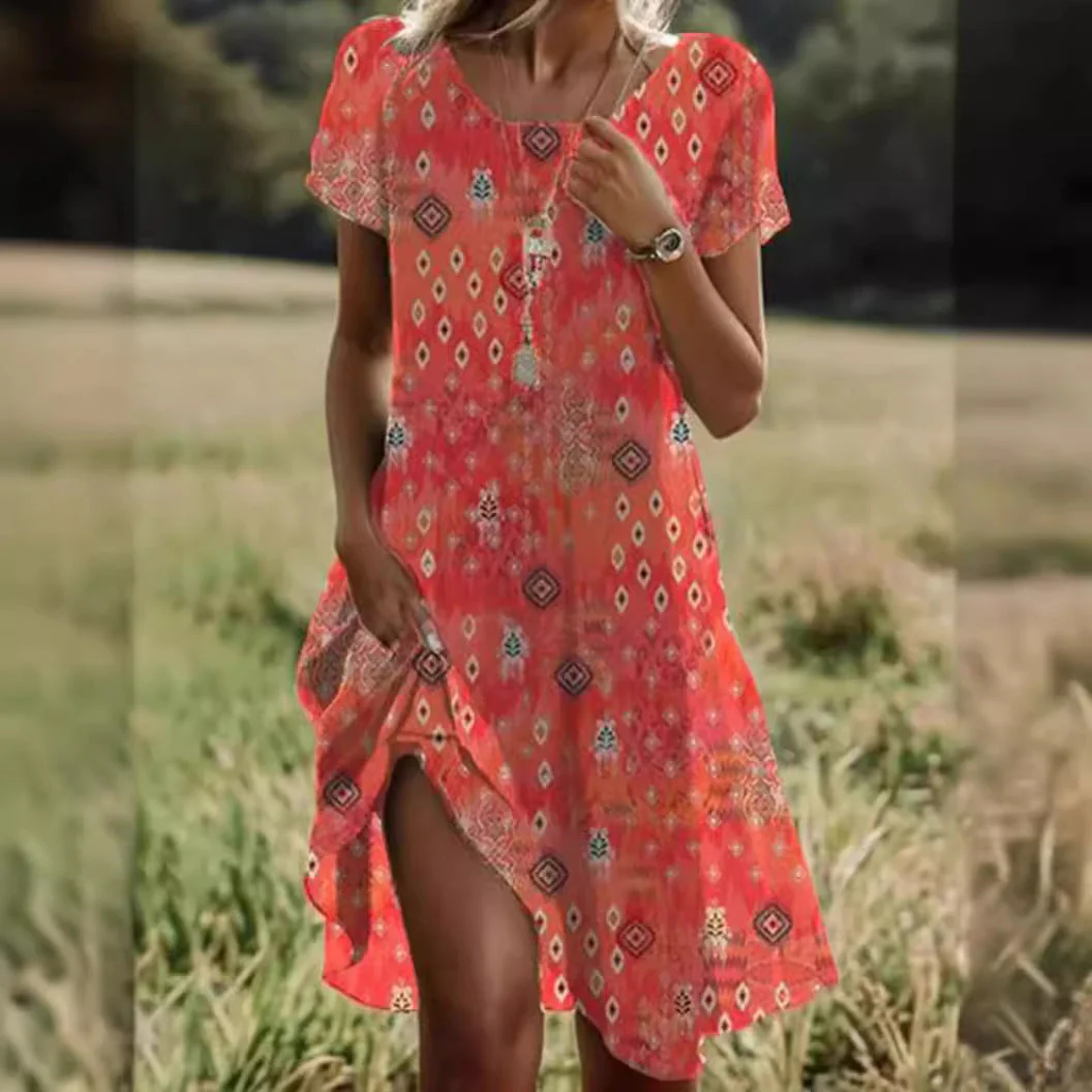 Ethnic Print Midi Dress – Scoop Neck Geometric Pattern Boho Dress - Image 9