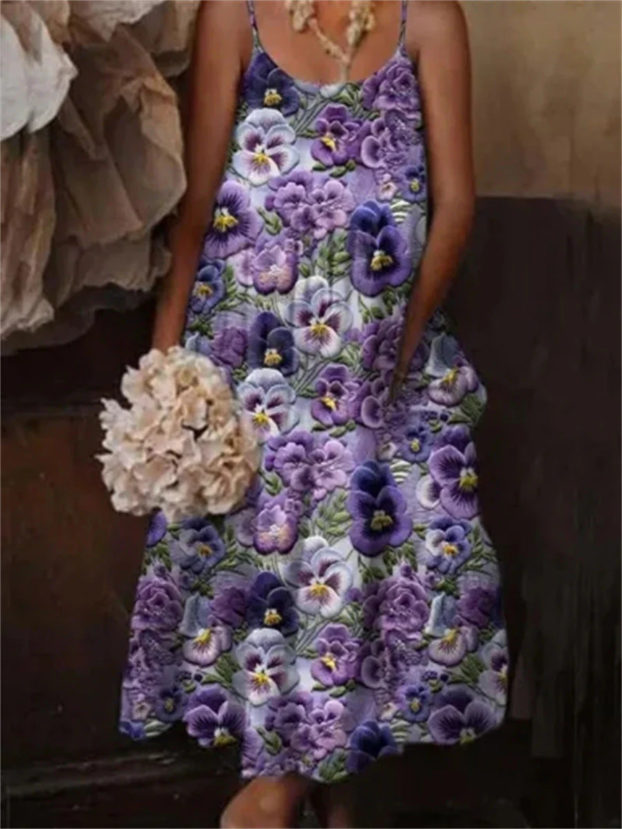 🌺 European & American Style Floral Art Print Sling Holiday Dress - Image 4