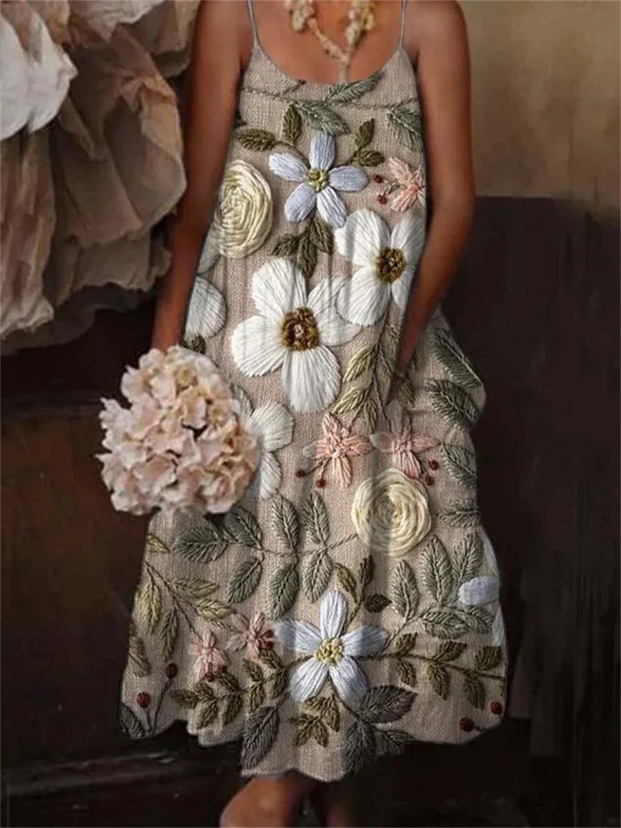 🌺 European & American Style Floral Art Print Sling Holiday Dress - Image 8