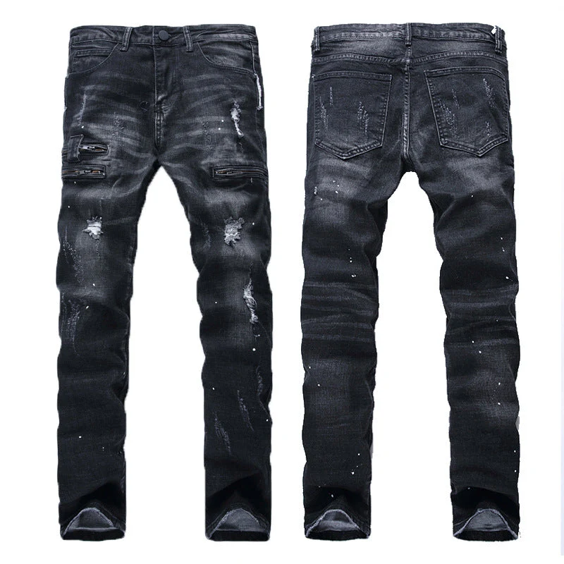 European And American High-street Fashion Men's Zippered Torn Jeans - Image 2