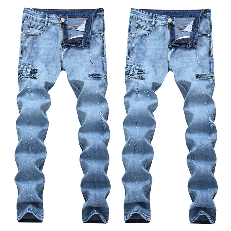 European And American High-street Fashion Men's Zippered Torn Jeans - Image 4
