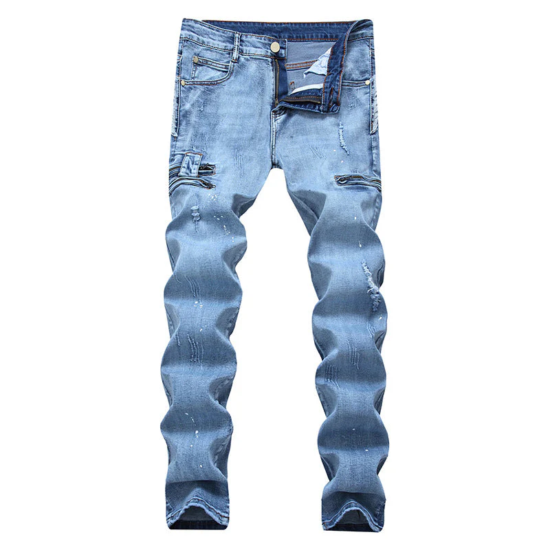 European And American High-street Fashion Men's Zippered Torn Jeans - Image 5