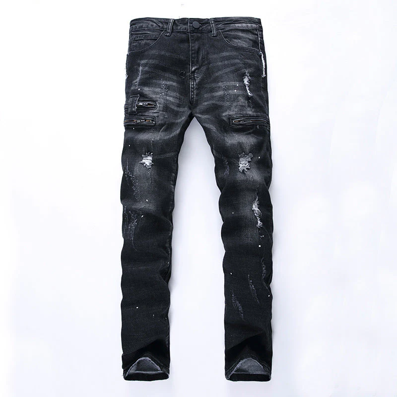 European And American High-street Fashion Men's Zippered Torn Jeans - Image 7