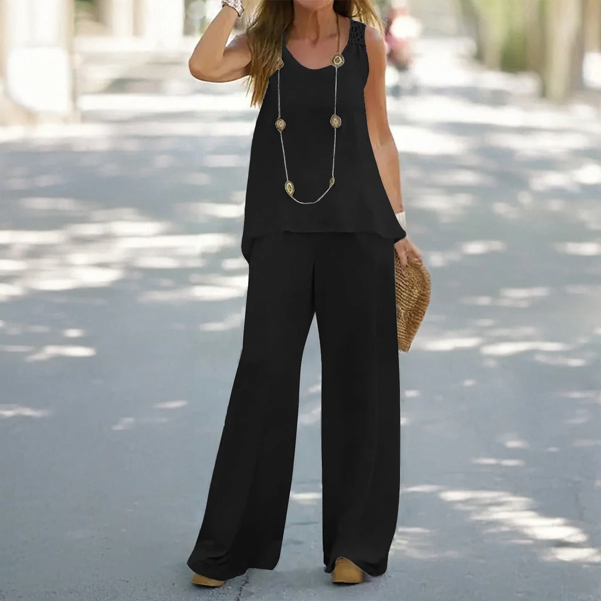 European and American Spring/Summer Casual Solid Color Vest and Pants Set - Image 2