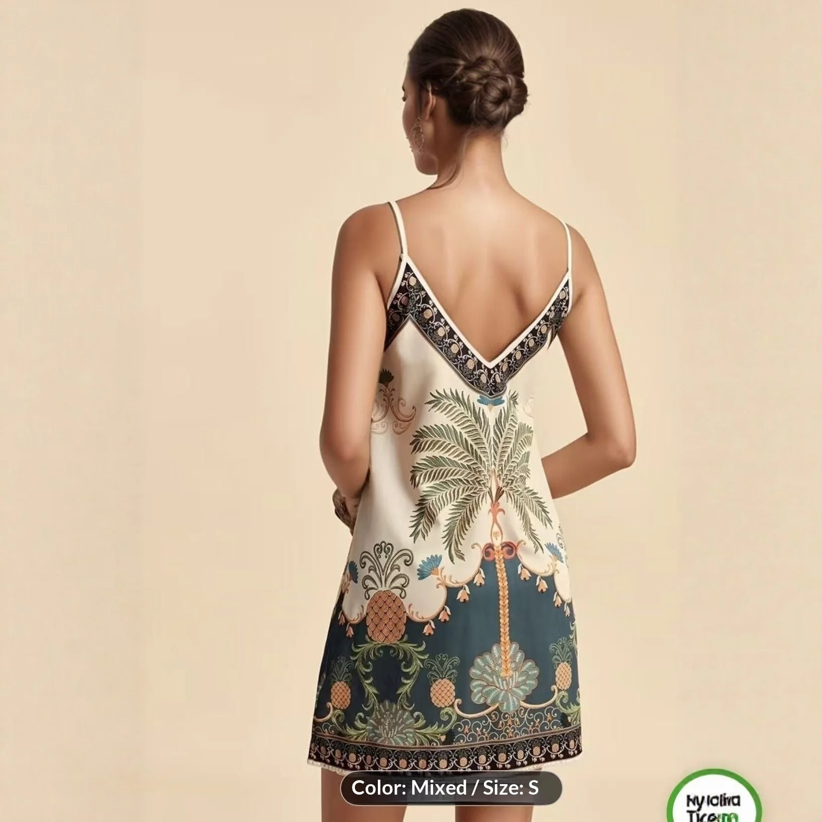 European and American-Style Tropical Print V-Neck Slip Dress - Image 2