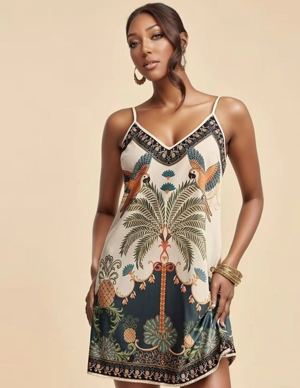 European and American-Style Tropical Print V-Neck Slip Dress - Image 3