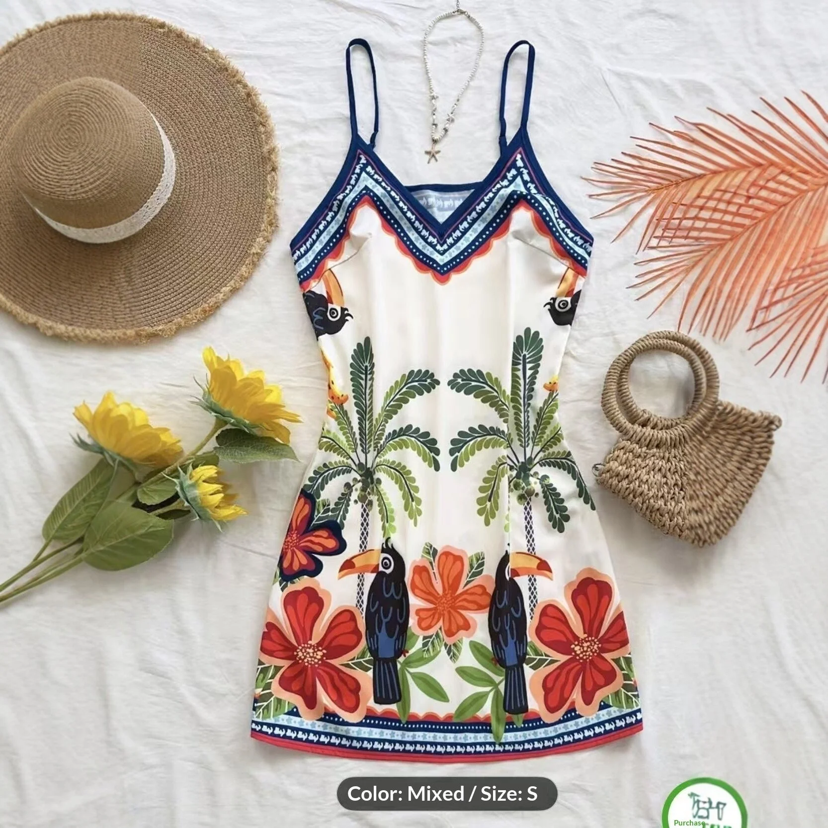 European and American-Style Tropical Print V-Neck Slip Dress - Image 4