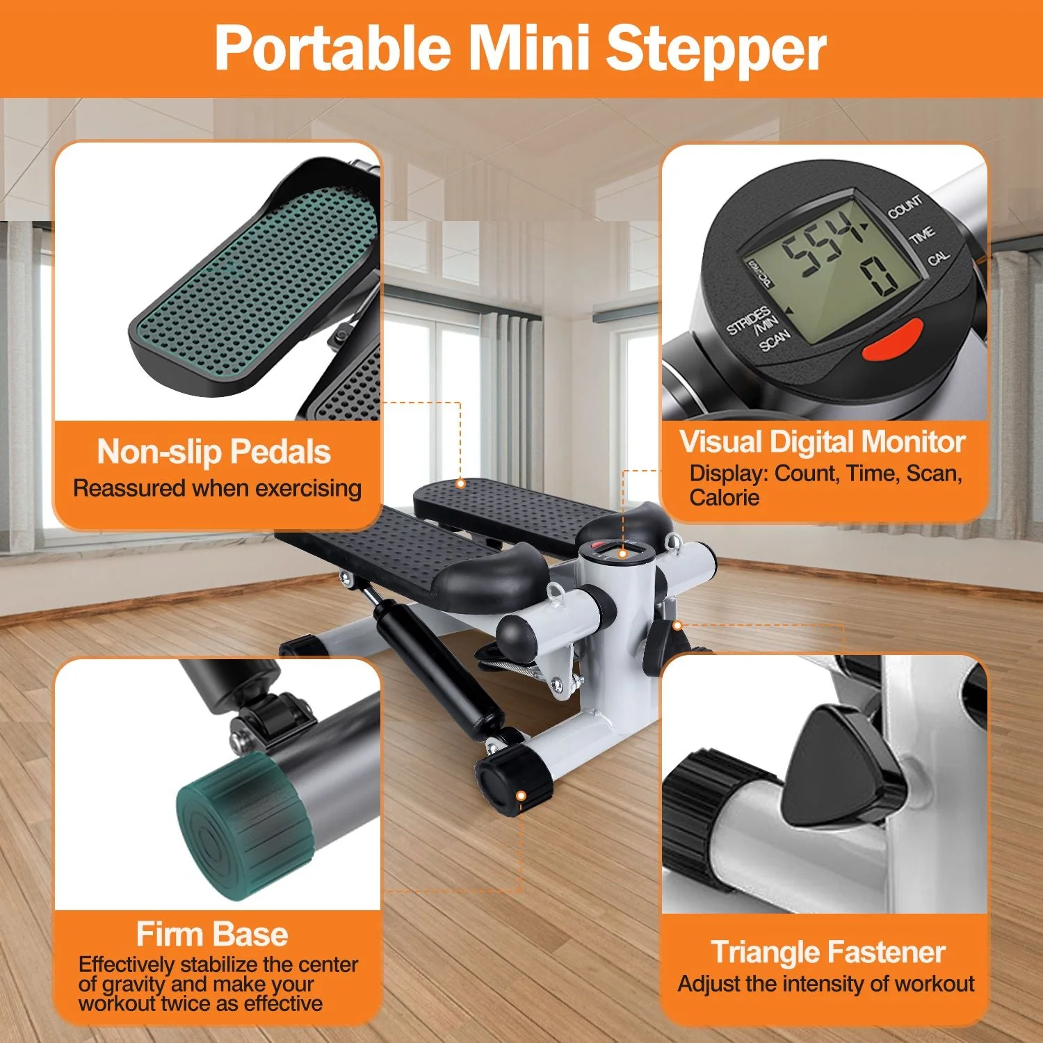 Exercise Stepper for Women Mini Fitness Stepper with 2 Resistance Bands LCD Monitor Max 330.7LBS Load Stair Stepper Quiet Stepper - Image 6