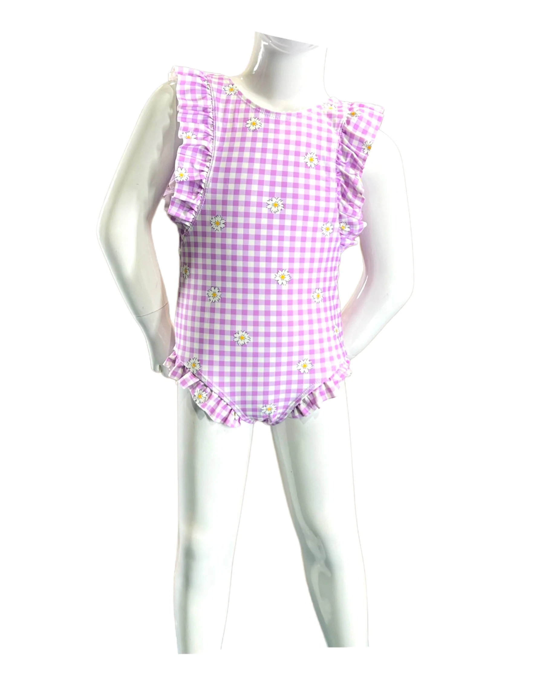 Marina West V-Neck Shoulder Ruffle One Piece Swimsuit (F1802) - Gingham Daisy Berry - Image 5