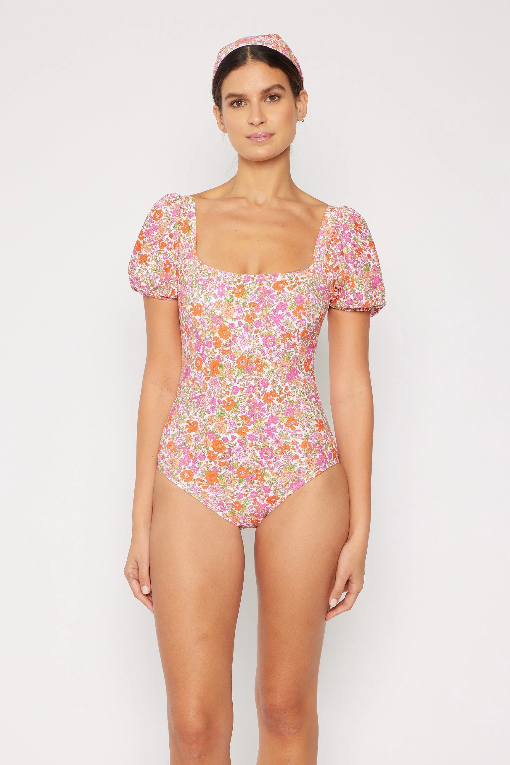 Marina West Puff Sleeve One Piece Swimsuit (F1816) - Small Flower Pink - Image 2