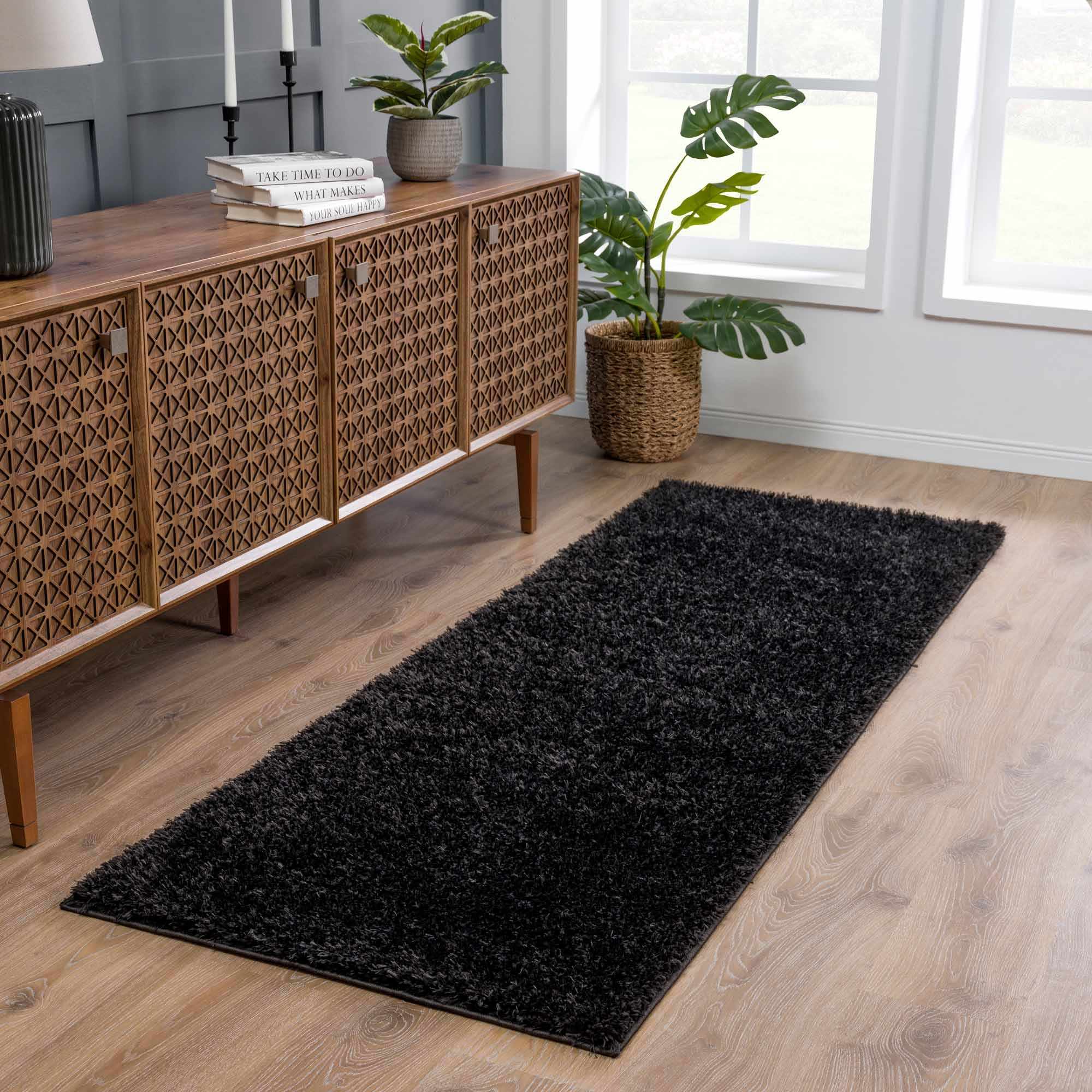 Faina Solid Black Shag Washable Area Rug - Image 3