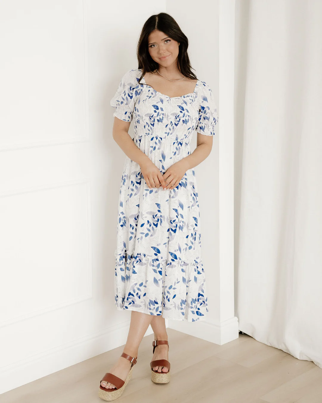 Faith Smocked Bodice Short Puff Sleeve Tiered Floral Midi Dress - Image 3