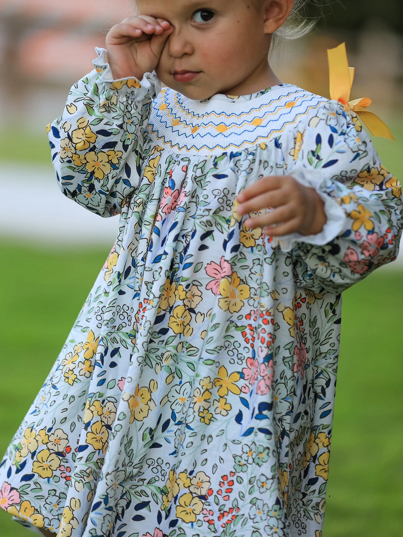 Fall  Embroidery Smocking Bow Floral Leaf Baby Girls Dress - Image 2