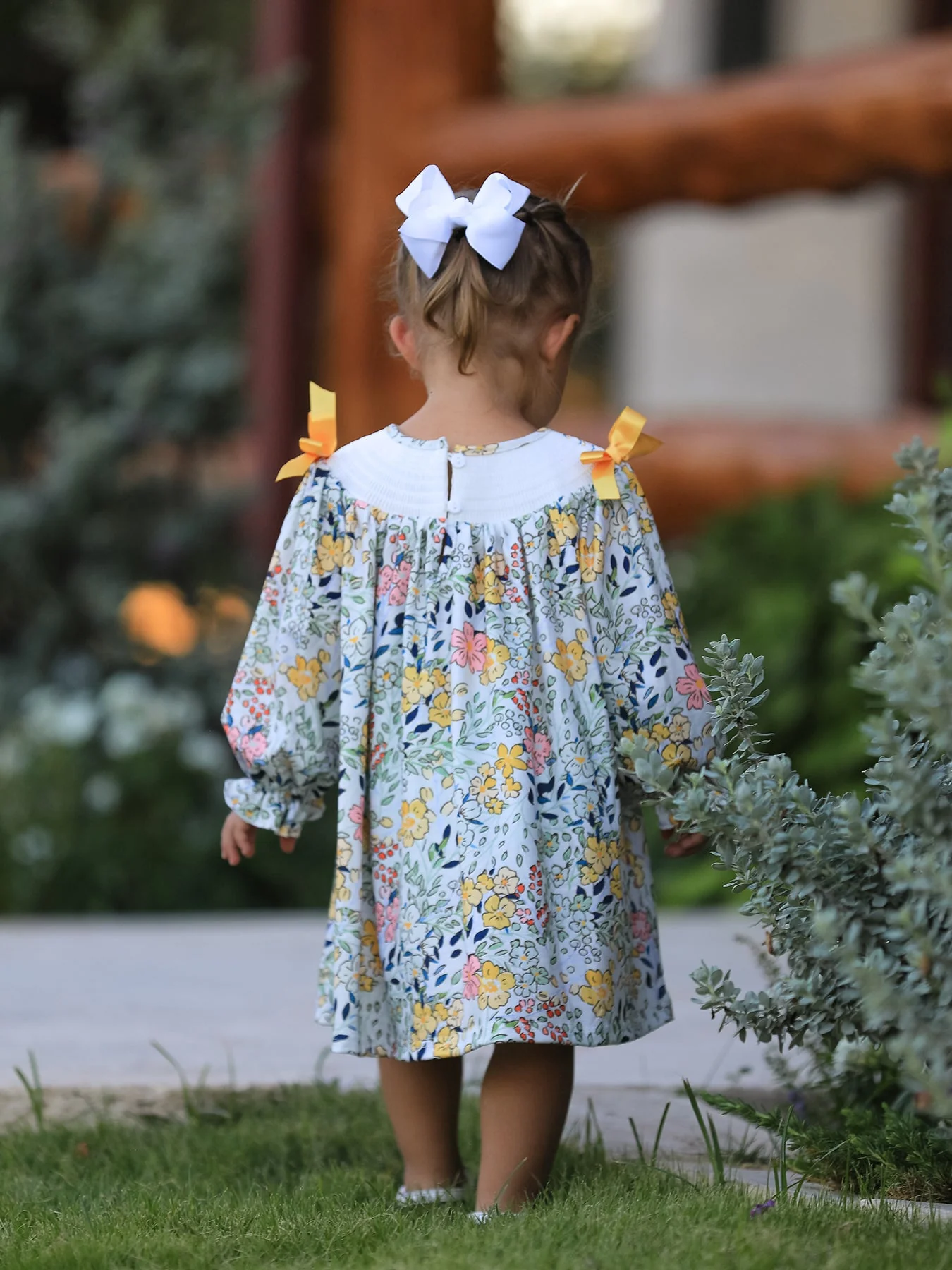 Fall  Embroidery Smocking Bow Floral Leaf Baby Girls Dress - Image 3