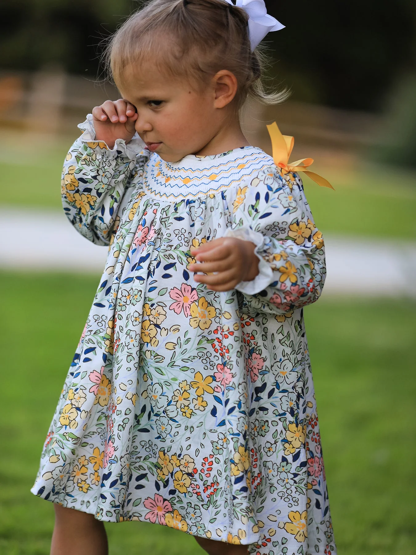Fall  Embroidery Smocking Bow Floral Leaf Baby Girls Dress - Image 6