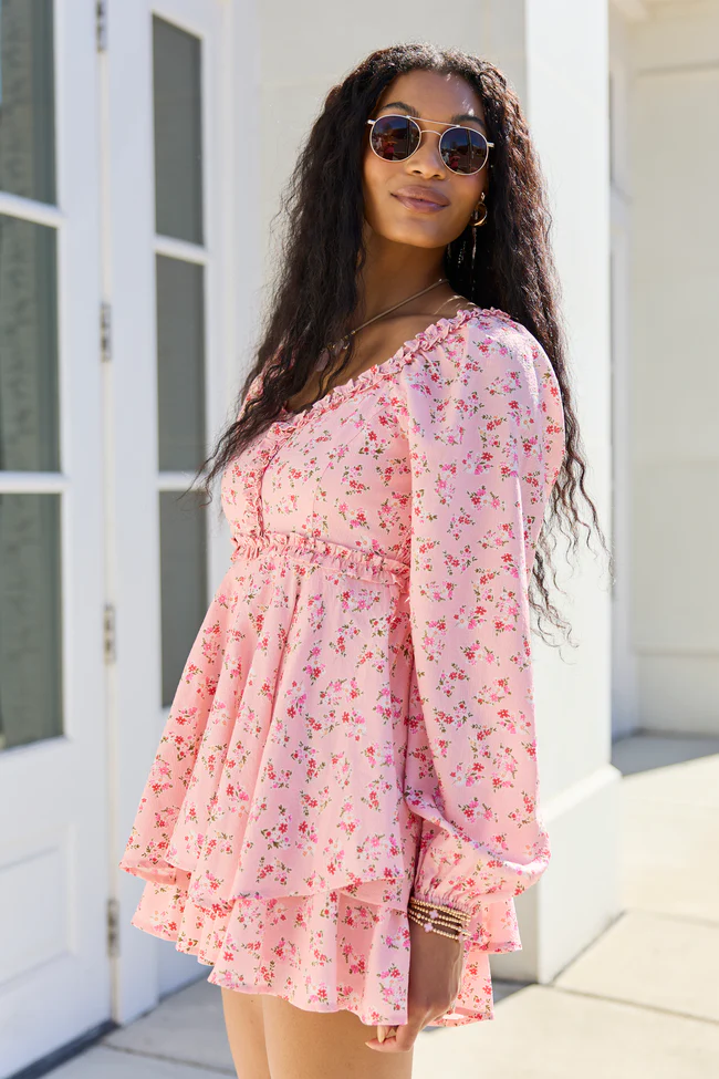 Farah Pink Floral Ruffle Trim Romper - Image 4