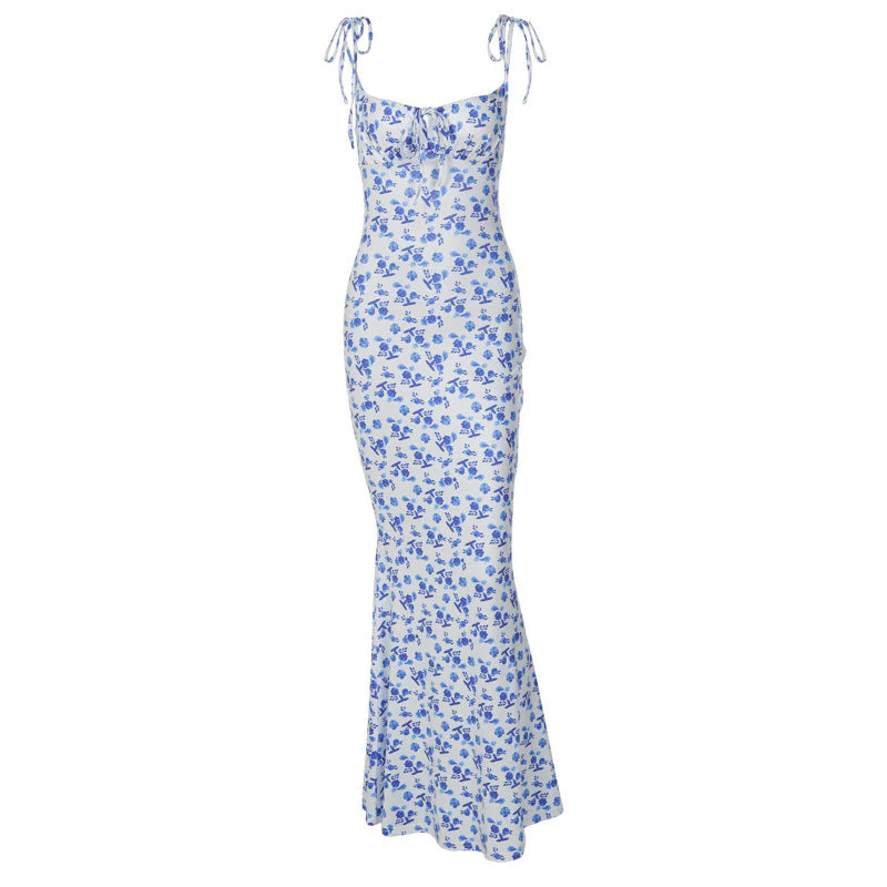 Fashion Flowers Print Suspender Long Dress Summer Lace-up Slim Backless Dresses For Women - Image 4