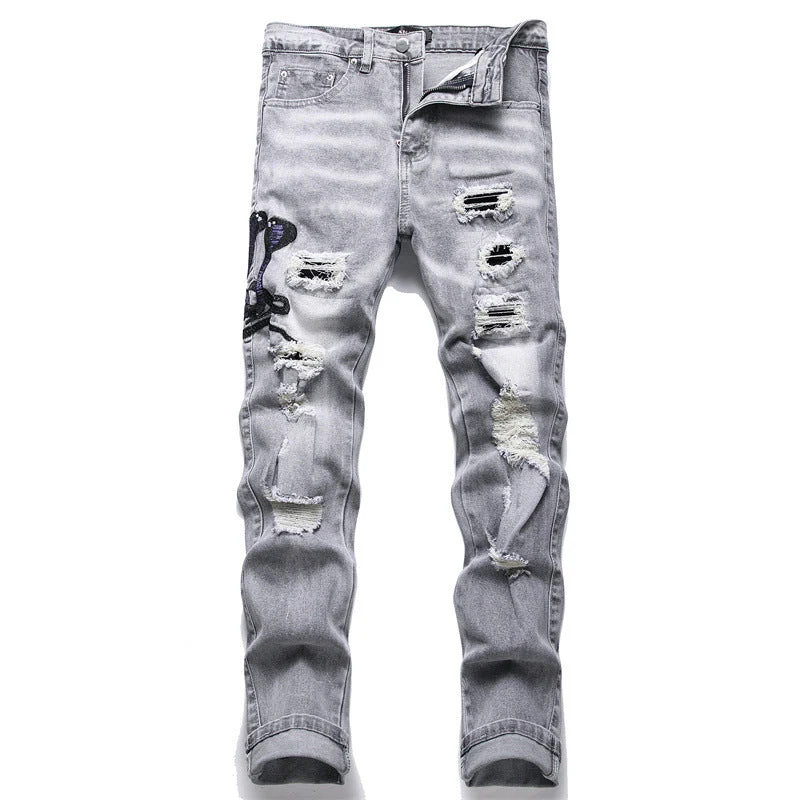 Fashion Gray Hole Patch Embroidery Cobra Stretch Feet Men's Jeans - Image 6