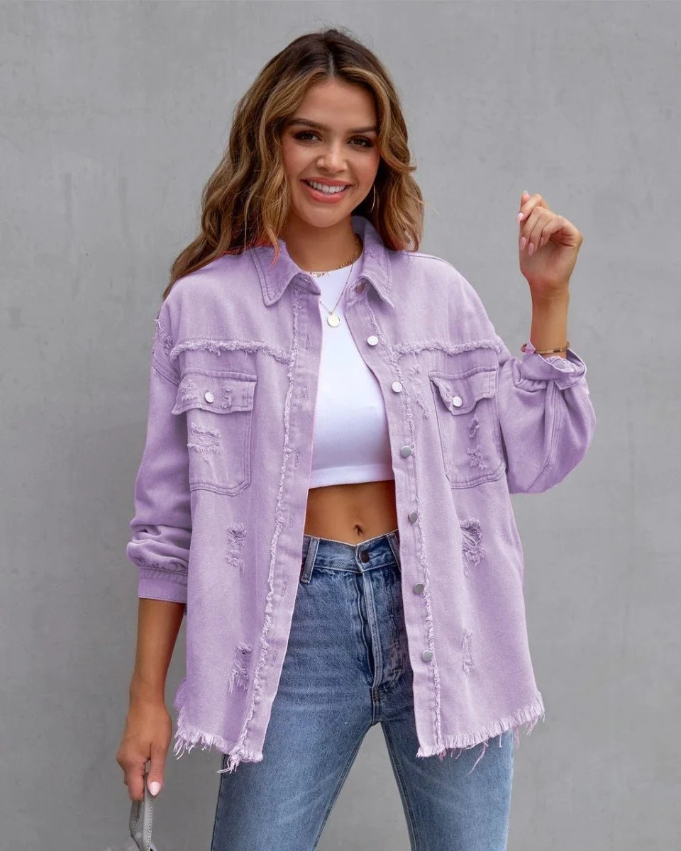 Fashion Ripped Shirt Jacket Female Autumn And Spring Casual Tops Womens Clothing - Image 11