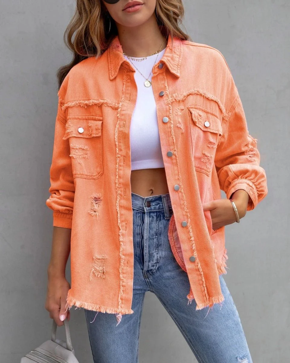 Fashion Ripped Shirt Jacket Female Autumn And Spring Casual Tops Womens Clothing - Image 12
