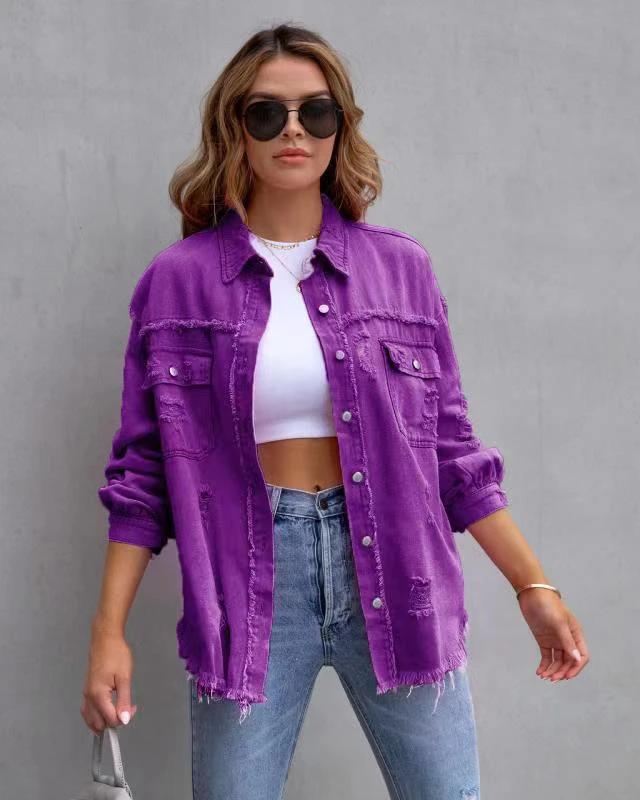 Fashion Ripped Shirt Jacket Female Autumn And Spring Casual Tops Womens Clothing - Image 13