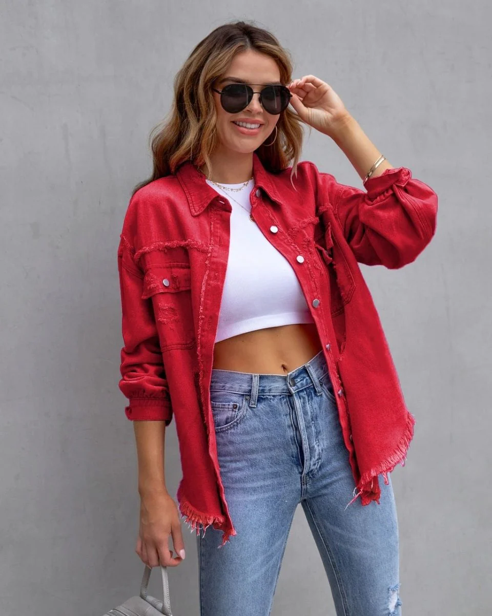 Fashion Ripped Shirt Jacket Female Autumn And Spring Casual Tops Womens Clothing - Image 14