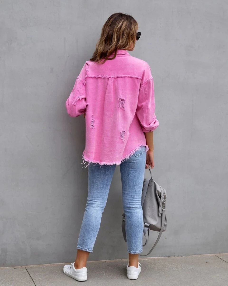 Fashion Ripped Shirt Jacket Female Autumn And Spring Casual Tops Womens Clothing - Image 3