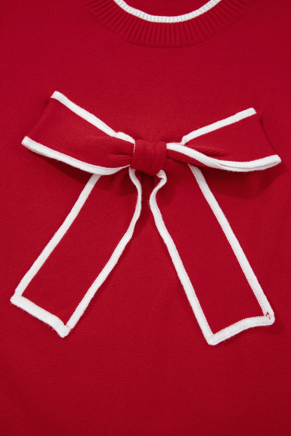 Fiery Red Contrast Trim Big Bow Accent Holiday Cropped Sweater - Image 14