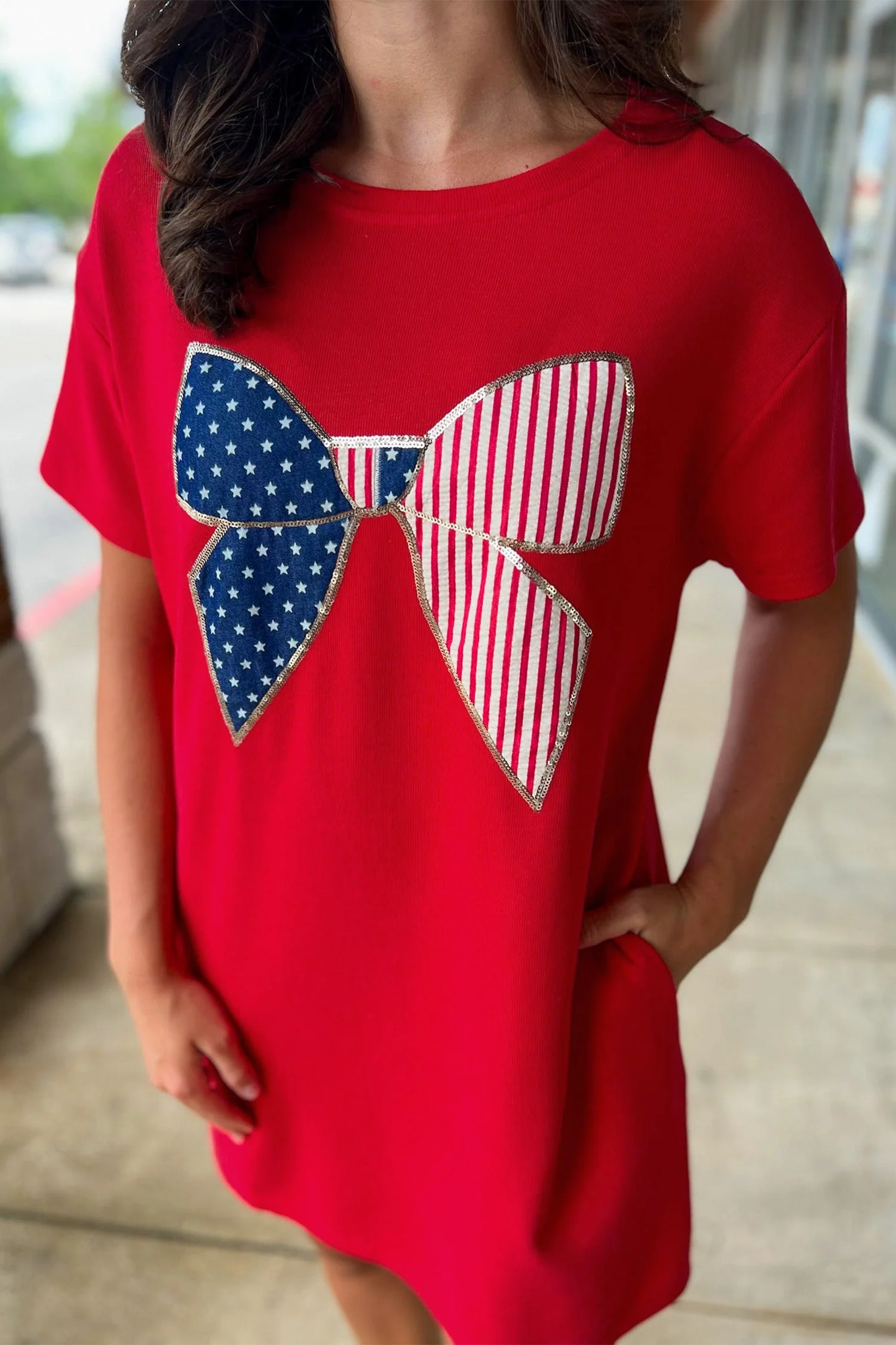 Fiery Red Sequin Trim Stars and Stripes Bow Patched T Shirt Mini Dress - Image 3