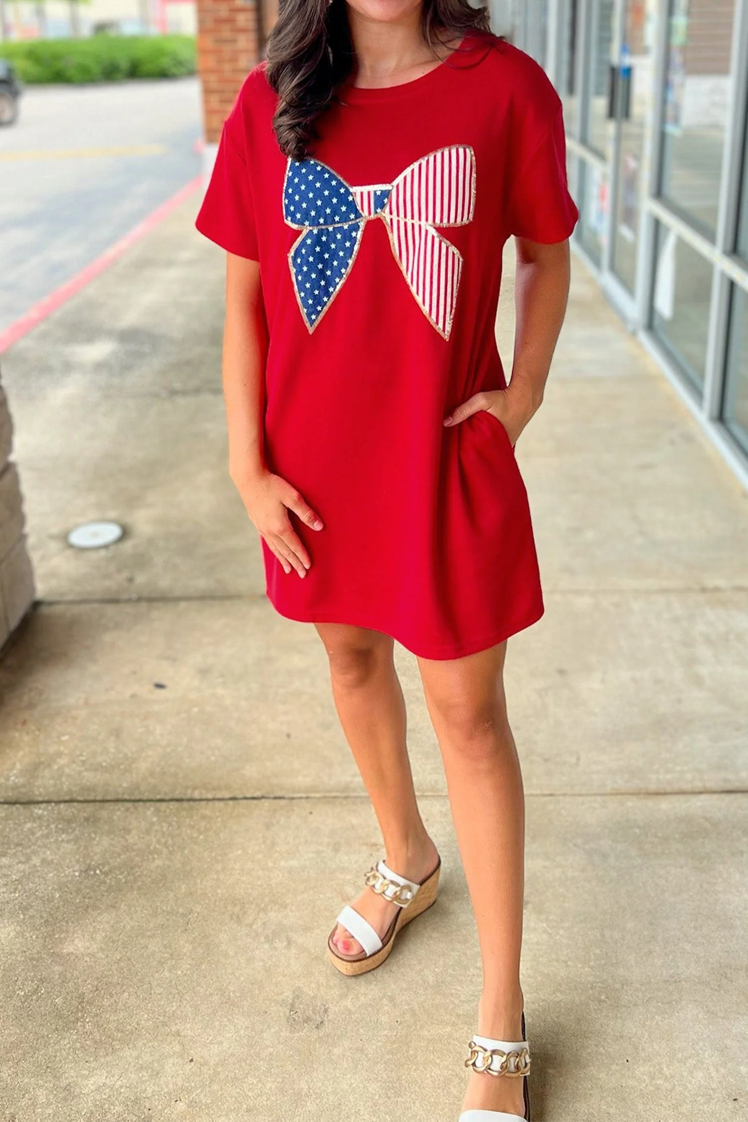 Fiery Red Sequin Trim Stars and Stripes Bow Patched T Shirt Mini Dress - Image 4
