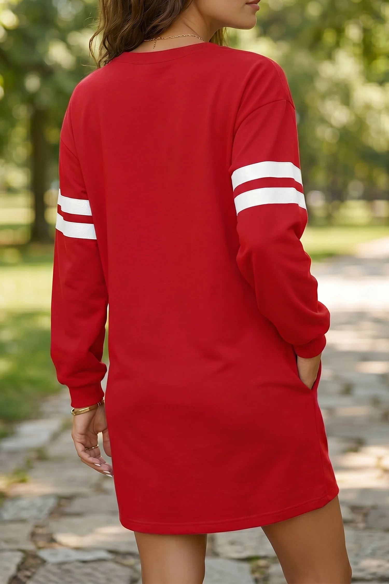 Fiery Red Varsity Contrast Banded Sleeve Shift Sweatshirt Dress - Image 18