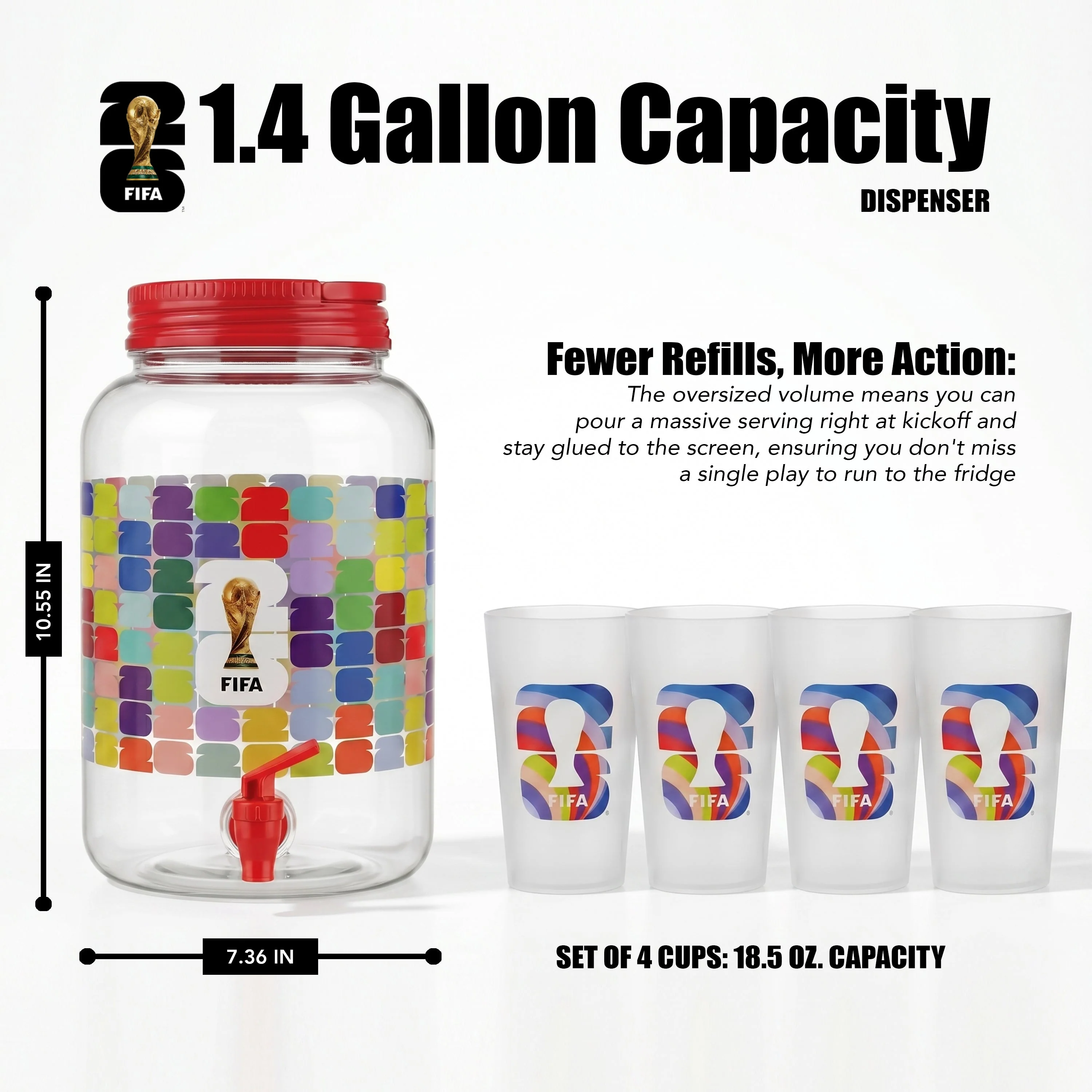 FIFA 1.4 Gal Beverage Dispenser with Red Handle & 4 Plastic Cups 18.5 OZ. - Image 5