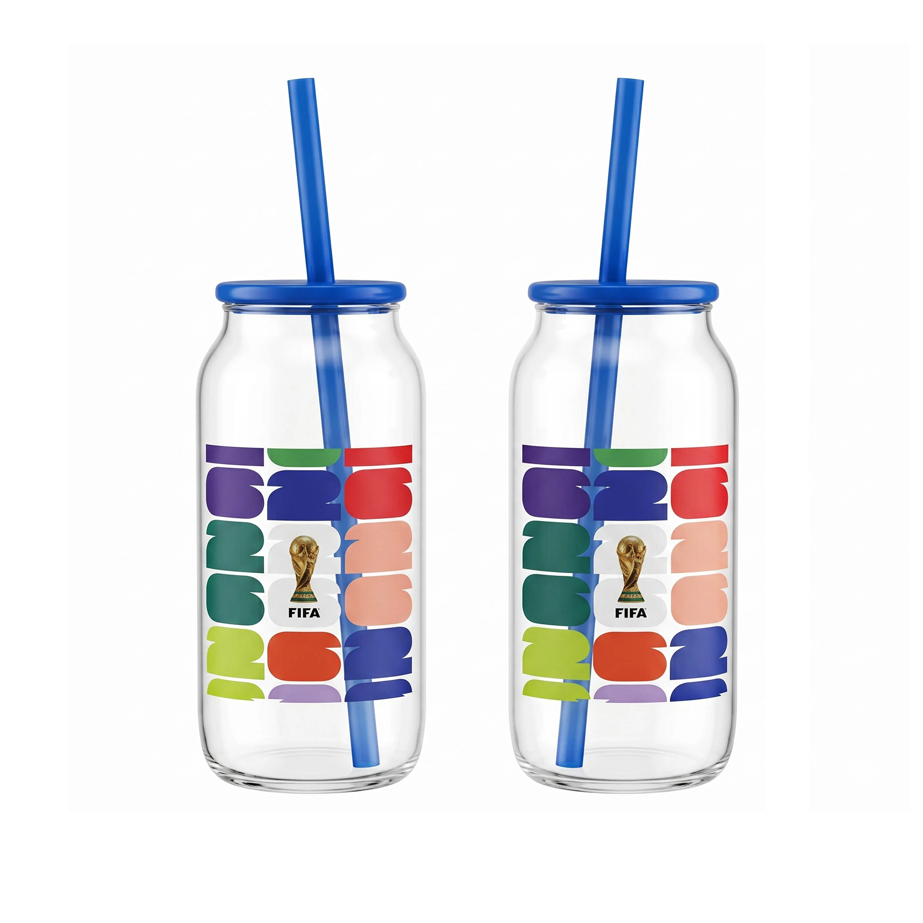 FIFA World Cup Trophy Set of 2 Glass Sippers with Lid and Straw - Image 2