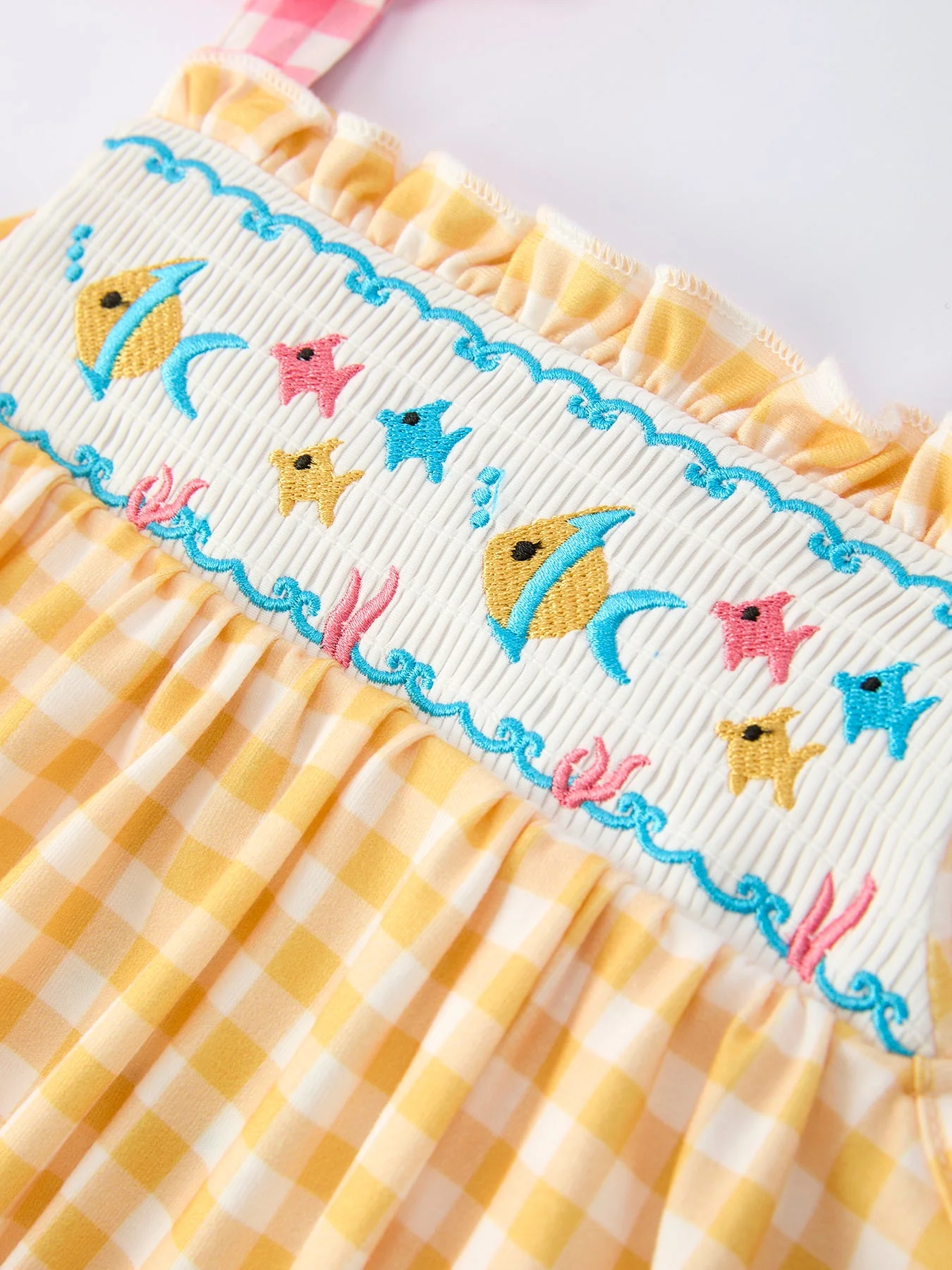 Fish Embroidery Smocking Plaid Girls' Dress - Image 4