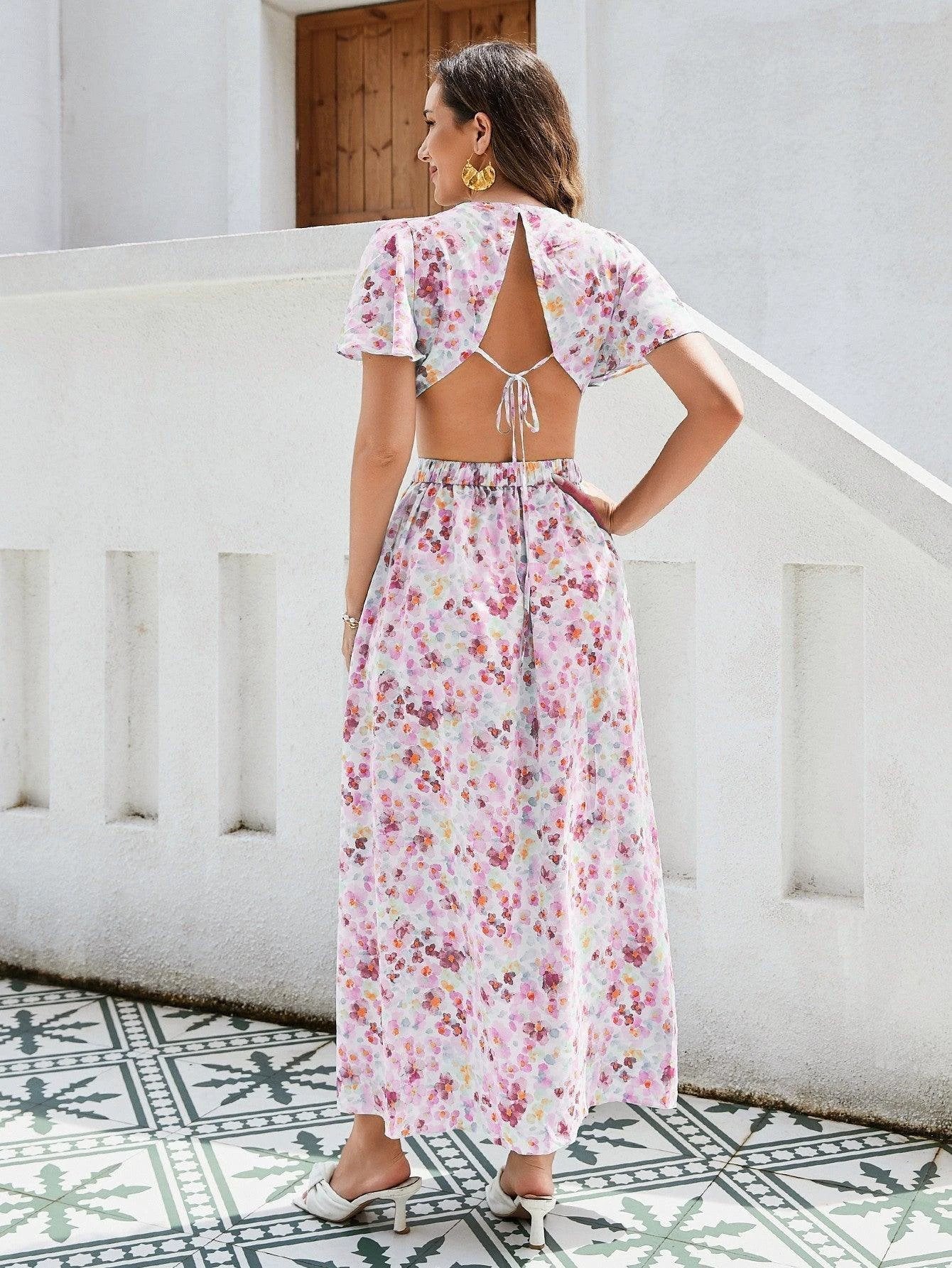 Floral Elegance Maxi Dress - Ruffle Sleeves, Cutout Waist & High Slit, Perfect for Vacations in Breathable Rayon - Image 7