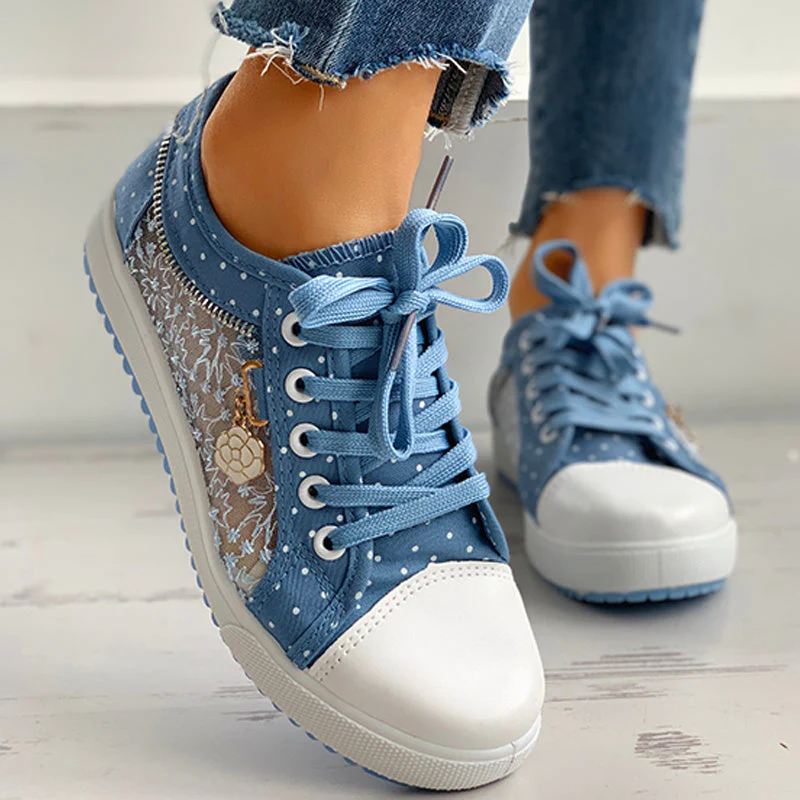 Floral Embroidered Polka Dot Print Sneakers — Women’s Casual Canvas Shoes - Image 4