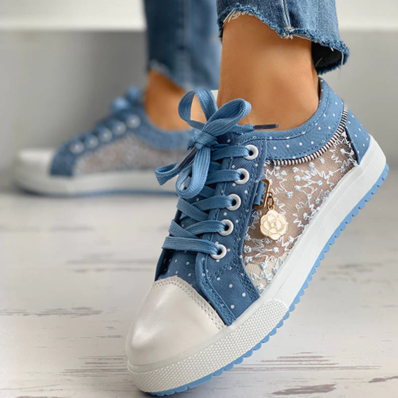 Floral Embroidered Polka Dot Print Sneakers — Women’s Casual Canvas Shoes - Image 8