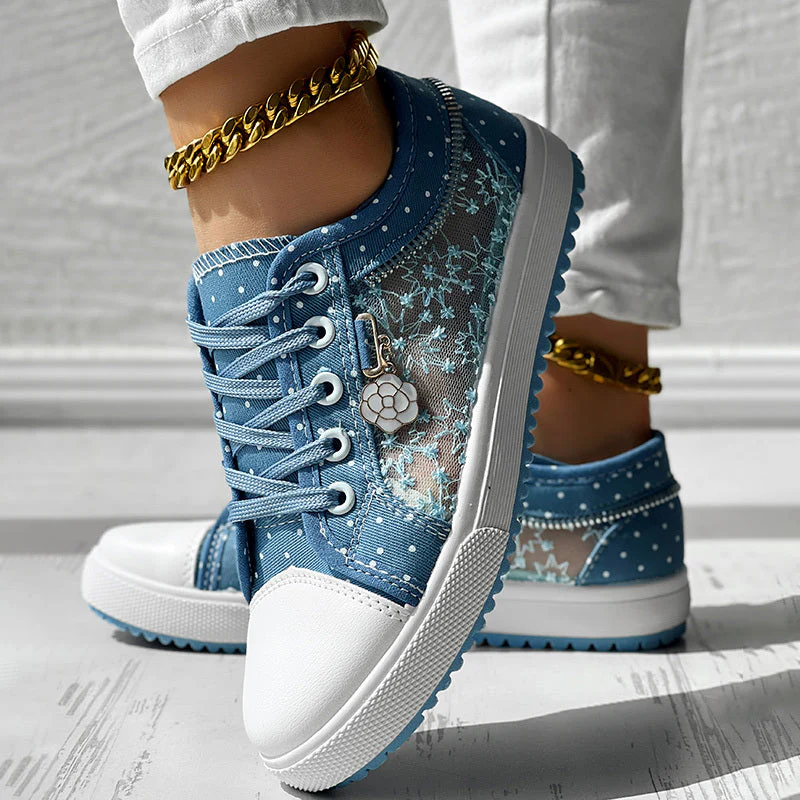 Floral Embroidered Polka Dot Print Sneakers — Women’s Casual Canvas Shoes - Image 9