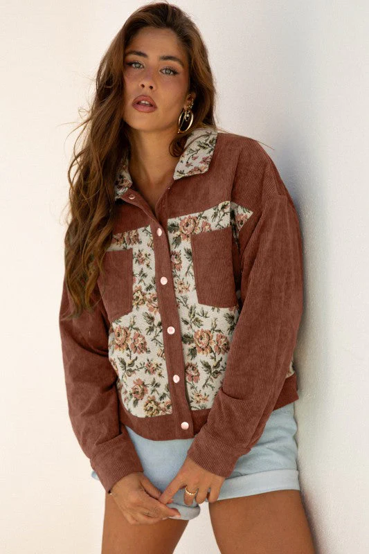 Floral Patchwork Ribbed Corduroy Shirt Jacket - Image 13