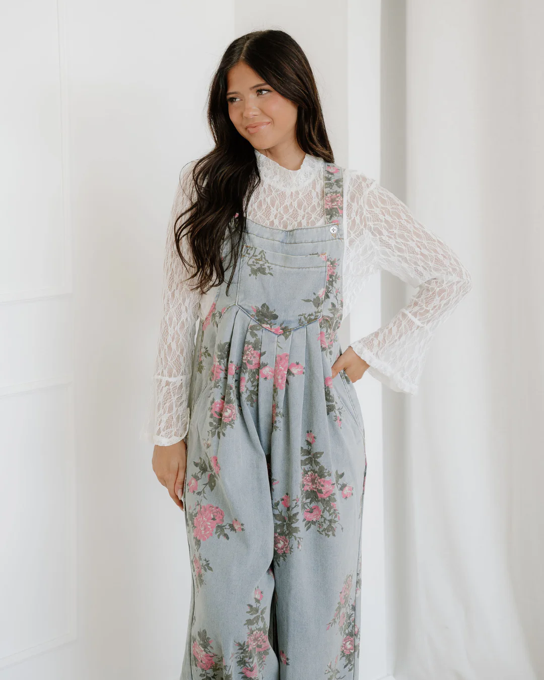 Floral Pleated Wide Leg Denim Overalls - Image 3