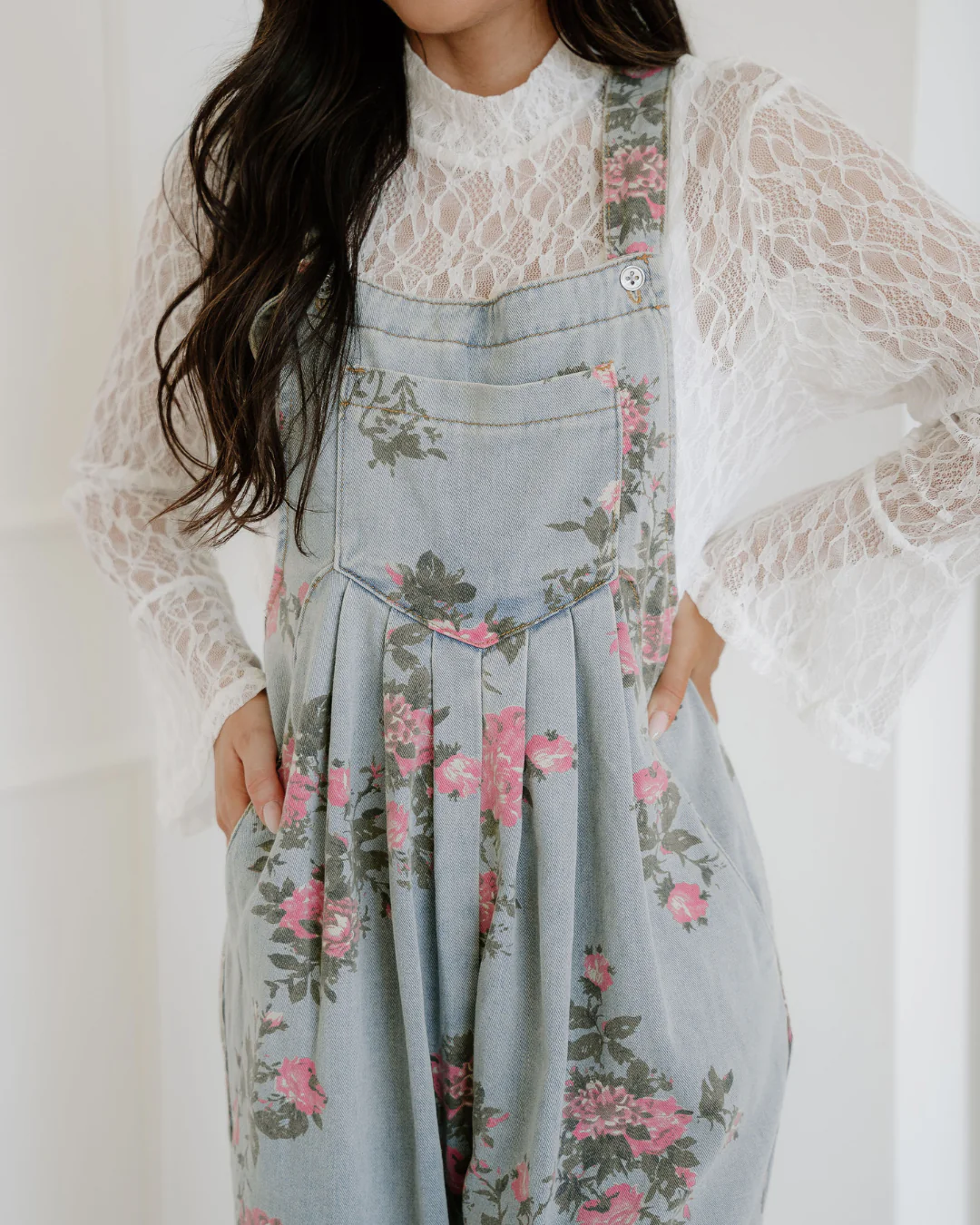 Floral Pleated Wide Leg Denim Overalls - Image 4