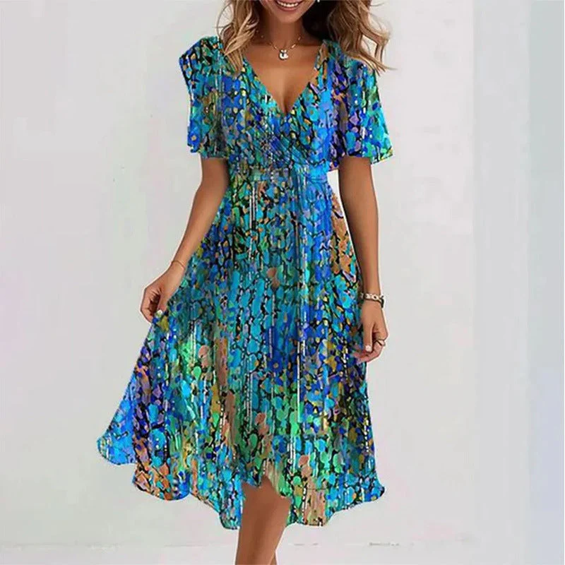 Floral Print A-Line Dress – V-Neck Short Sleeve Midi Dress - Image 10