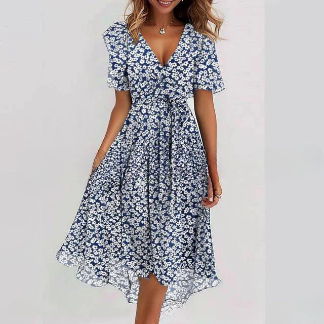 Floral Print A-Line Dress – V-Neck Short Sleeve Midi Dress - Image 11