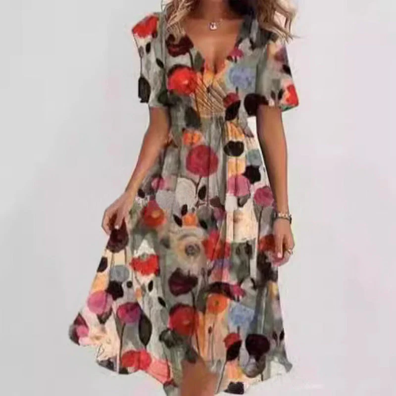 Floral Print A-Line Dress – V-Neck Short Sleeve Midi Dress - Image 12