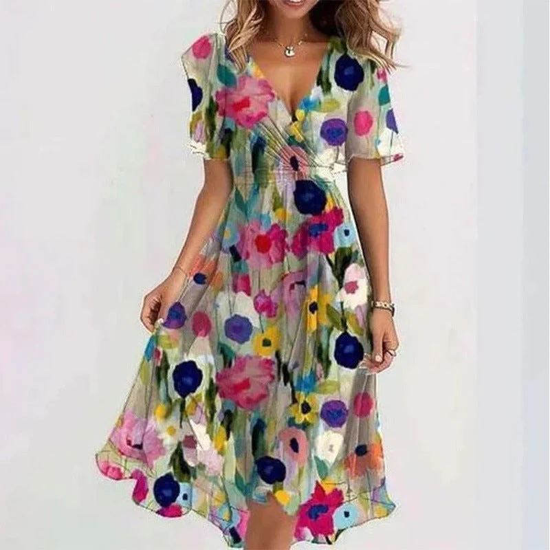 Floral Print A-Line Dress – V-Neck Short Sleeve Midi Dress - Image 13