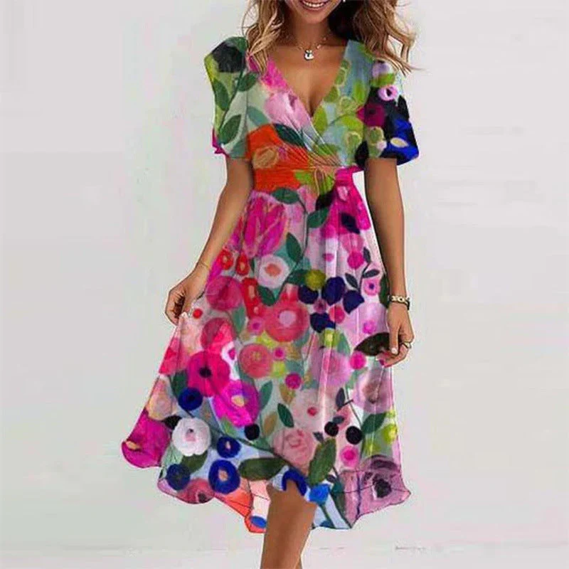 Floral Print A-Line Dress – V-Neck Short Sleeve Midi Dress - Image 14