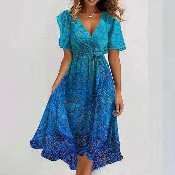 Floral Print A-Line Dress – V-Neck Short Sleeve Midi Dress - Image 16