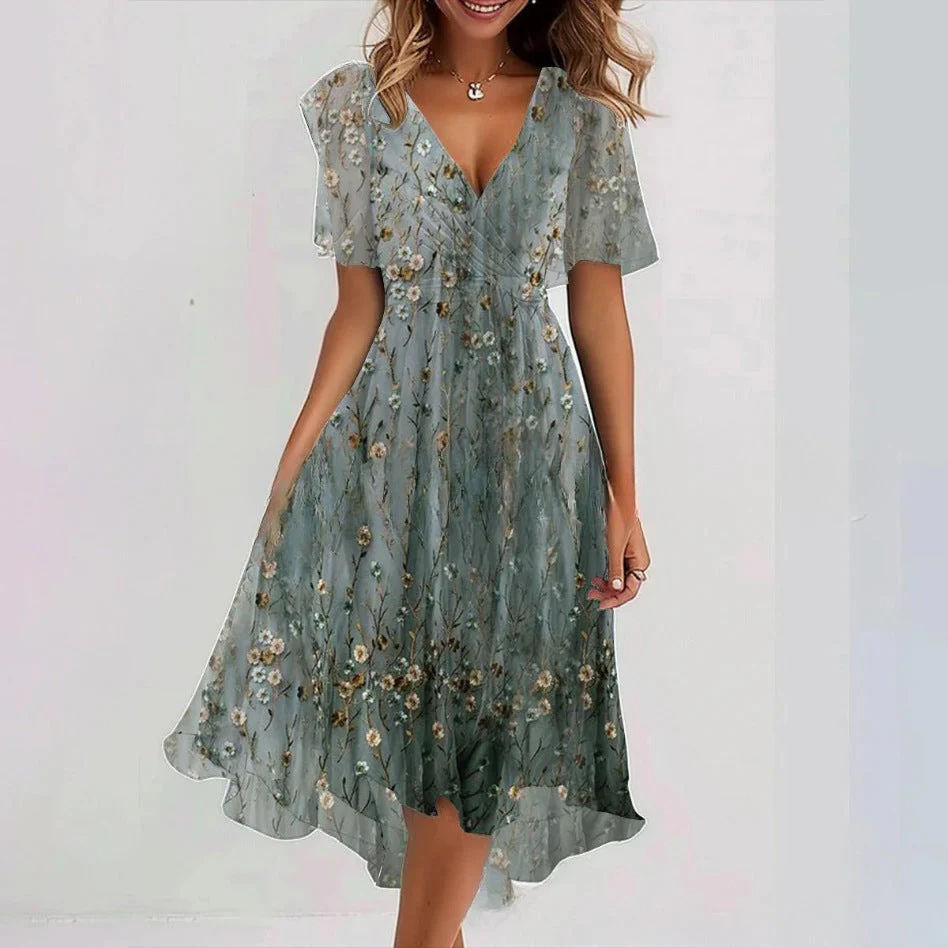 Floral Print A-Line Dress – V-Neck Short Sleeve Midi Dress - Image 17