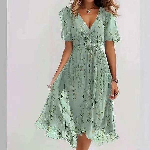 Floral Print A-Line Dress – V-Neck Short Sleeve Midi Dress - Image 18